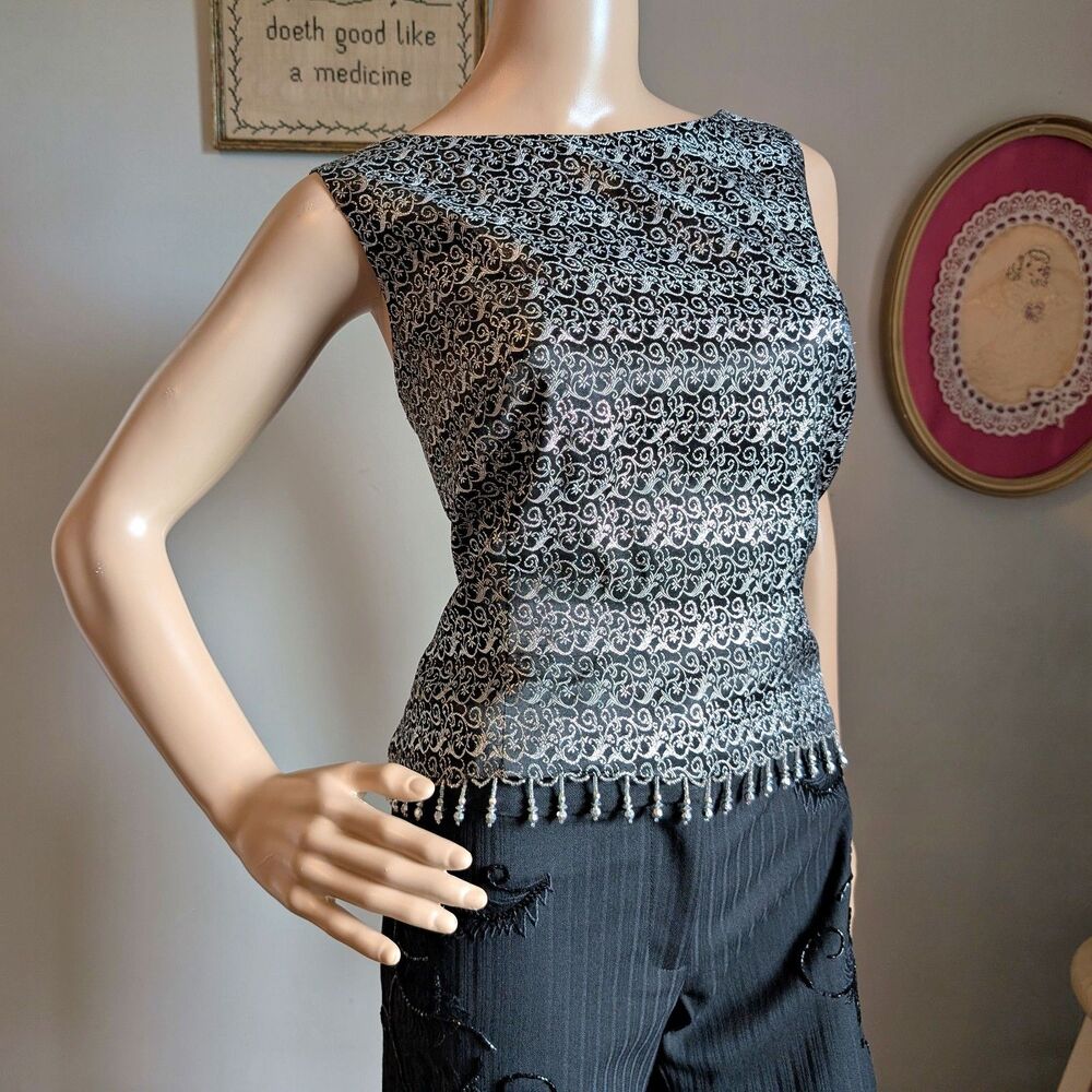 Vintage 90s Cachet Beaded Top Fringe Evening Cocktail Whimsigoth Silver Size 12